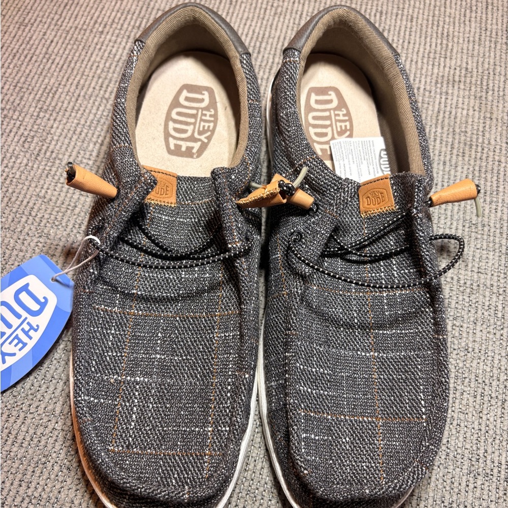 Hey Dude Men's Black and Brown Plaid Loafers